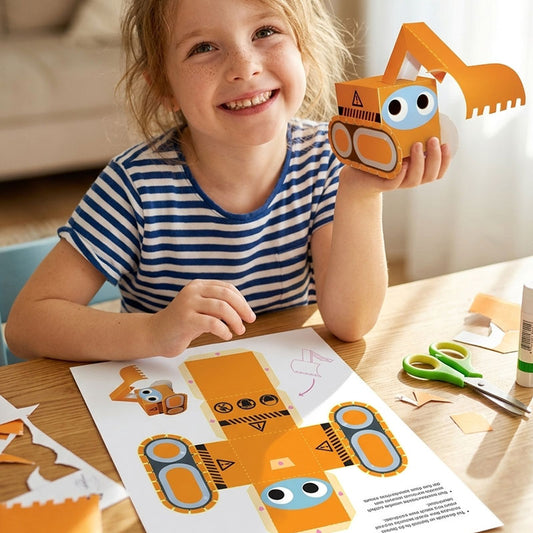 A young boy playing happily with his handmade 3D paper excavator model.