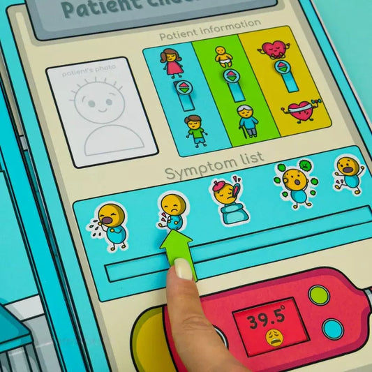 Pretend play activity showing a child bandaging a patient in a printable hospital book
