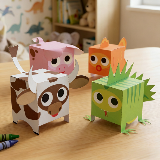 A collection of four 3D boxy animal paper models: lion, elephant, cow, and frog on a table