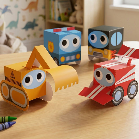 Four completed 3D paper vehicle models: excavator, race car, train, and auto on a table.