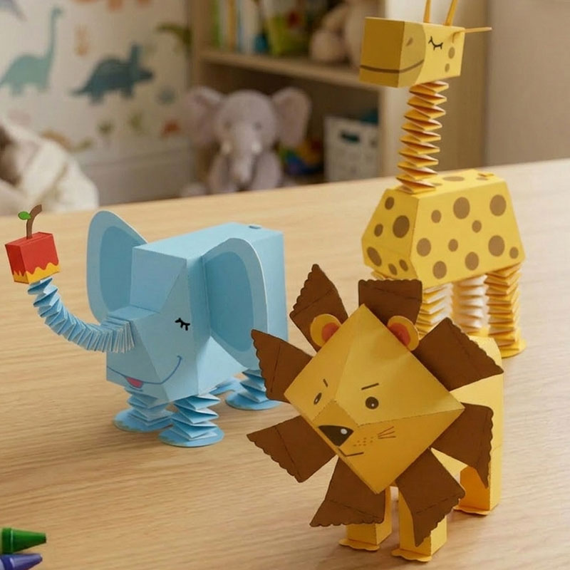 Detailed view of three 3D animal papercraft models: cow, frog, and elephant