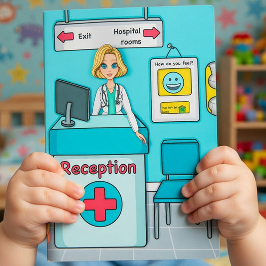 Interactive City Hospital busy book for kids featuring doctor and nurse characters