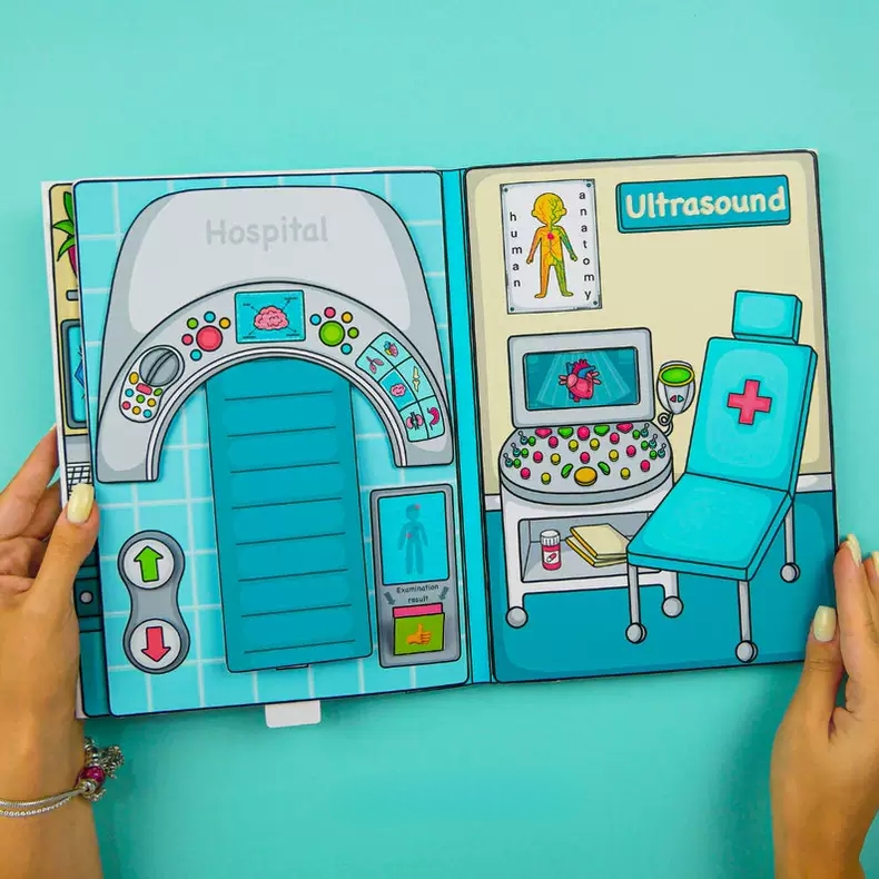 Interactive City Hospital busy book for kids featuring doctor and nurse characters