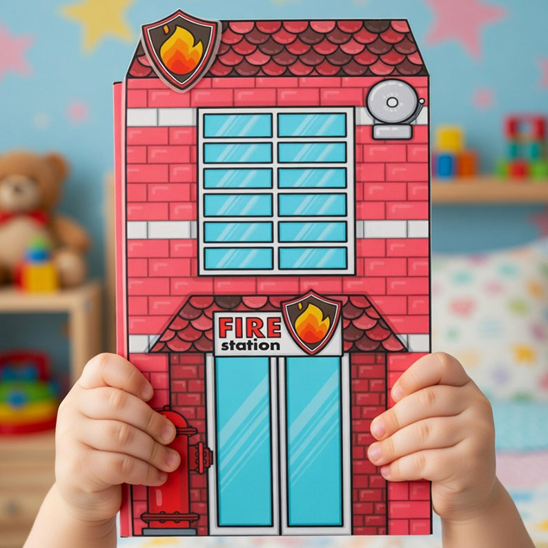 Interactive Fire Station busy book for kids featuring firefighter gear and truck