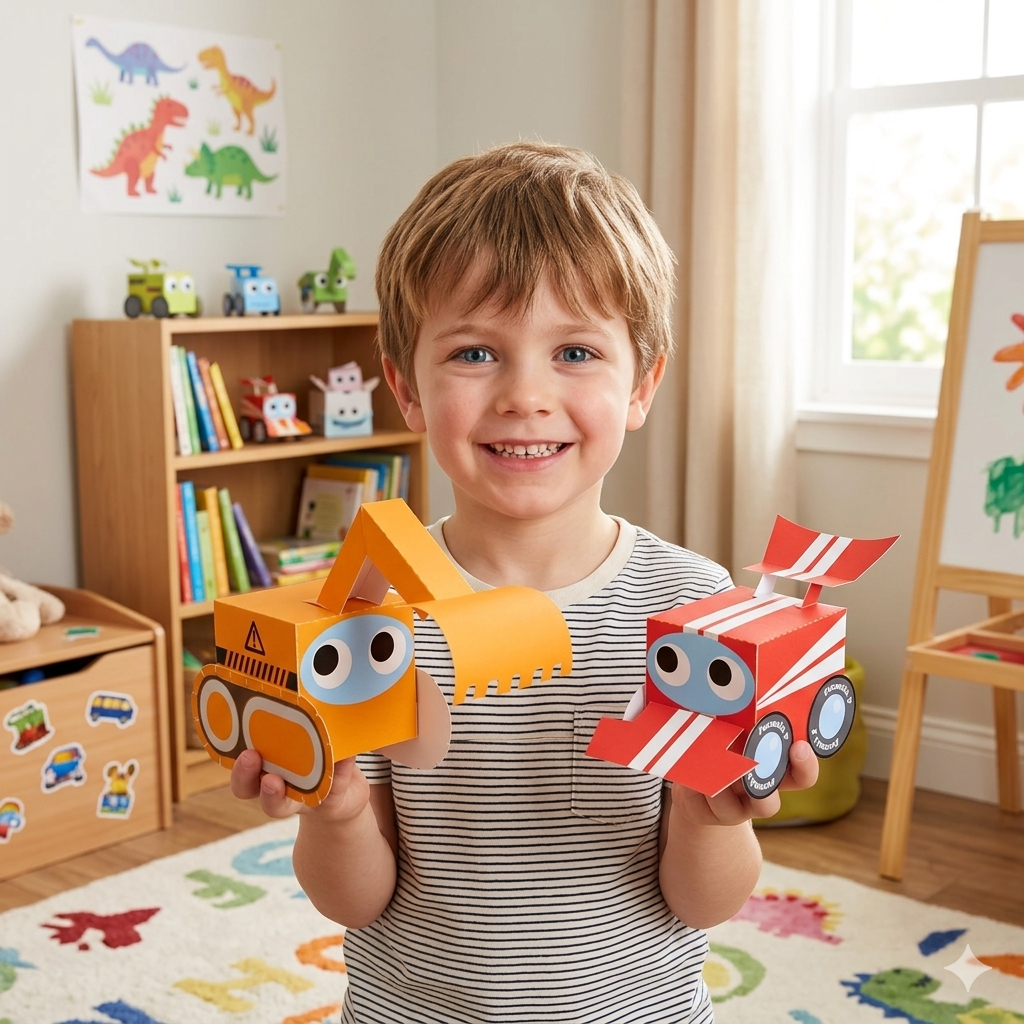 A young boy playing happily with his handmade 3D paper excavator model