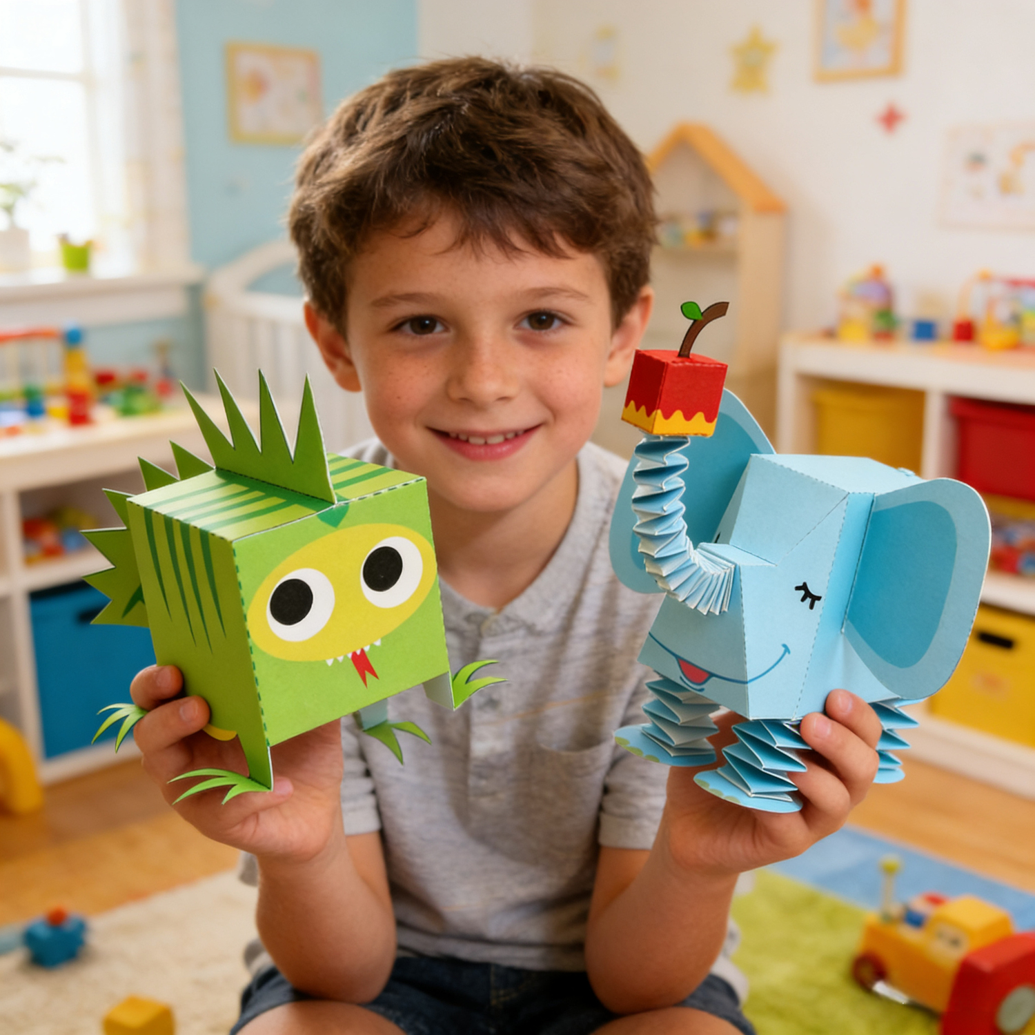 happy-child-playing-with-paper-lion-and-elephant