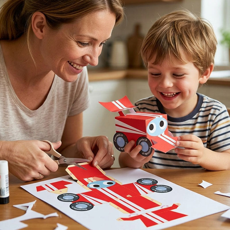 A mother and child enjoying a DIY papercraft activity together at home.